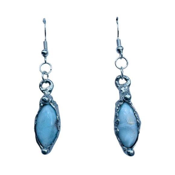 Larimar Dainty Earrings Encased In Boho Artisan Silver Bezels With 925 Hooks - Picture 1 of 13